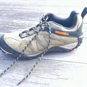 Merrell Trail Shoe in Olive and Black with Orange Accents